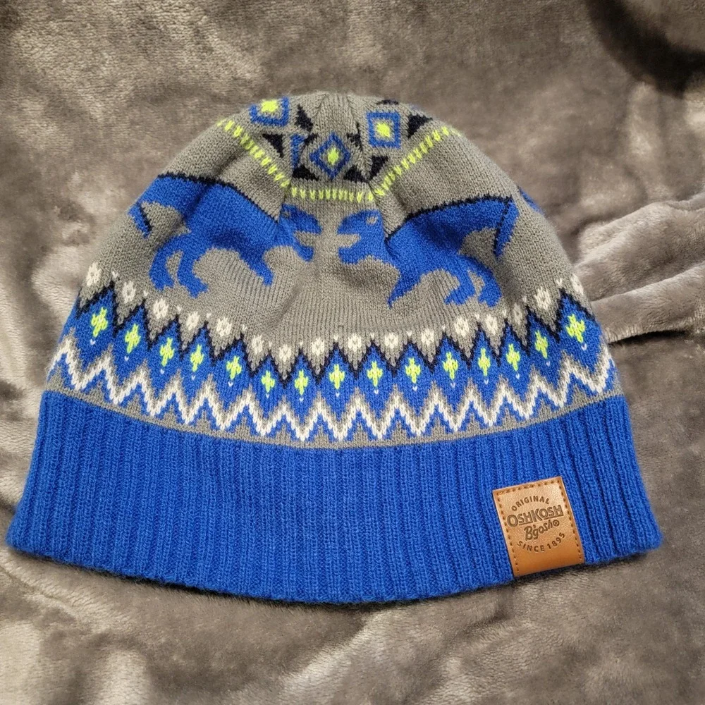 OshKosh Beanie Kids 8-14 Blue Grey Excellent Reversible Dinosaur & Isle Stripe
